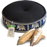 Livasia Meditationskissen mit Thaiseide - Ø 45x15cm - Yogakissen mit Kapok, Pouf, Bodenkissen für Yoga und Zen Meditation, Sitzkissen für Garten und Balkon, Zafukissen (Schwarz/Blau/Elefanten Seide)
