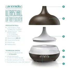 Arendo Luftbefeuchter, Aroma Diffuser in Holz Design mit LED, Diffusor, Timer Funktion, 7-Farben Wechsel, 300ml, Dunkelbraun
