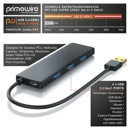Primewire USB 3.2 Hub mit Netzteil, Ultra Slim 4-Port Verteiler, Datenhub für PC PS4 Notebook Netbook Laptop Ultrabook Tablet-PC MacBook, Bus-Powered