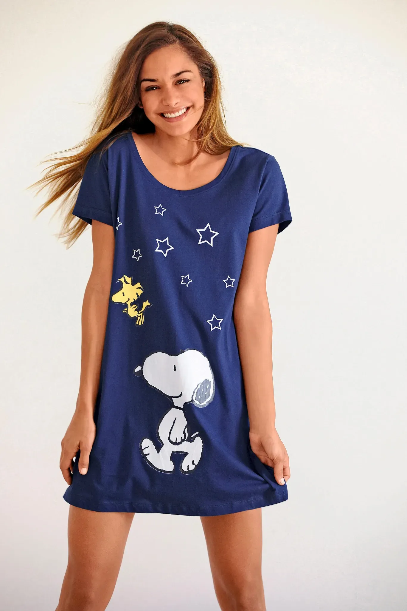 Sleepshirt PEANUTS, Damen, Gr. 52/54, N-Gr, blau (marine), Single Jersey, Obermaterial: 100% Baumwolle, bequem kurz, Rundhals, eingesetzt, Kleider Sleepshirt, mit Snoopy-Print in Minilänge, Topseller