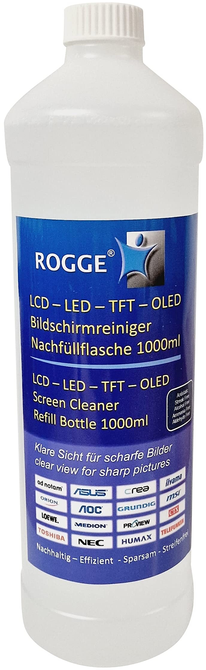 ROGGE Bildschirmreiniger Nachfüllflasche 1 Liter für ROGGE Duo-Clean Original. Der Profireiniger für: LCD/TFT/LED-Plasma Displays, sowie Tablet, Smartphone, Das Original Made in Germany