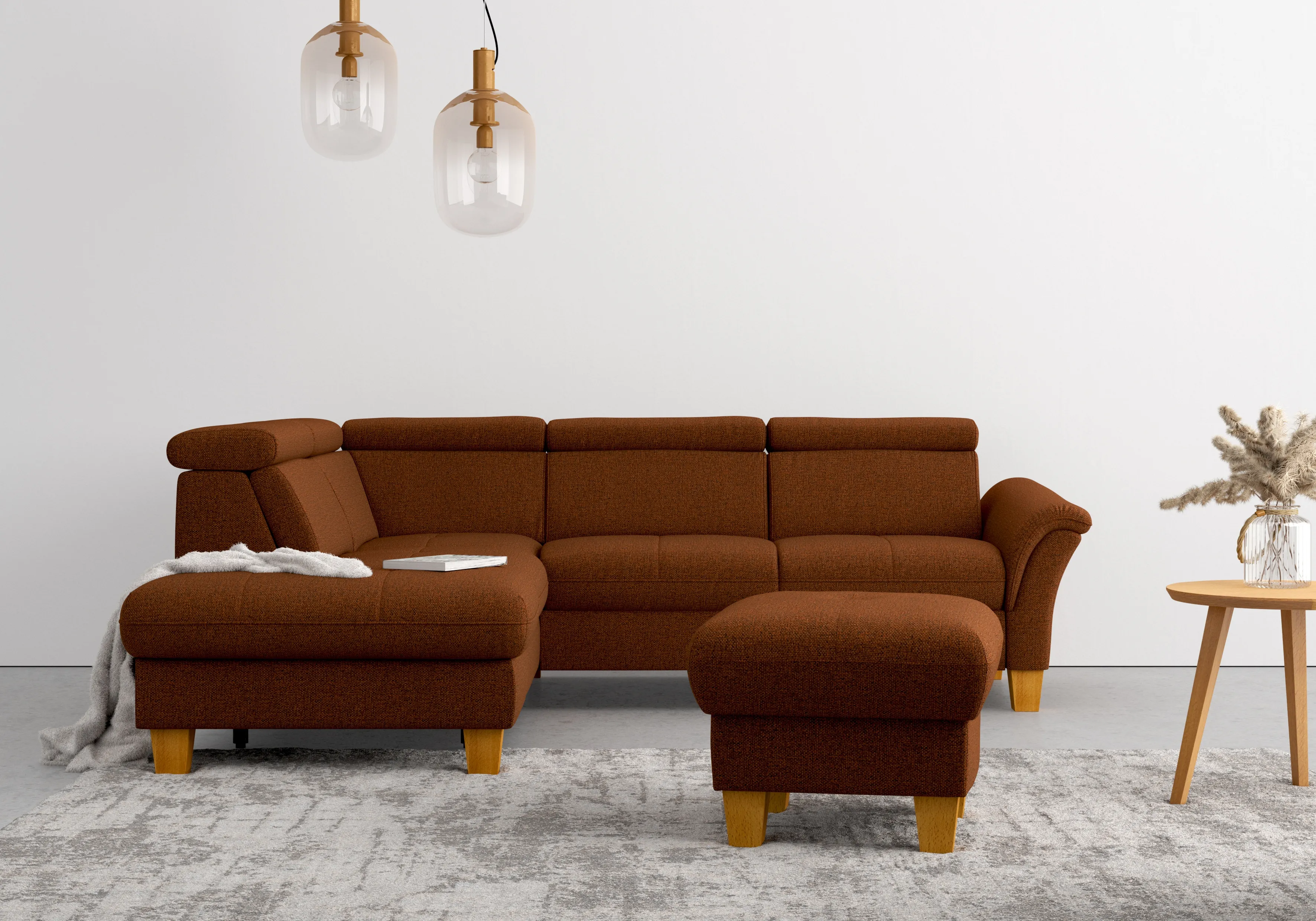 Ecksofa HOME AFFAIRE "Lindgren L-Form" Sofas Gr. B/H/T: 249cm x 84cm x 217cm, Struktur, Ottomane links, mit Bettfunktion mit einklappbaren Rollen-mit Stauraum-mit Kopfteilverstellung-ohne TV-Funktion motorisch ohne Stauraum-mit Federkern, rosegold (kupfer) wahlweise mit TV-Funktion, Stauraum und Kopfteilverstellung