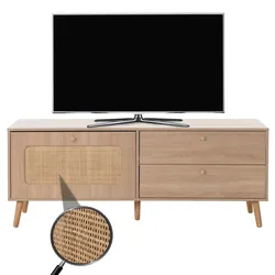 TV-Rack HWC-M38, Lowboard Fernsehtisch TV-Schrank Kommode, Schublade T√ore, Kubu Rattan Holz 56x140x41cm Eiche-Optik