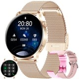 Smartwatch Damen mit Telefonfunktion, 2022 Fitnessuhr mit Pulsuhr Blutdruckmessung Schlaf Tracker SchrittzählerI Uhr Damen IP67 Wasserdicht Fitness Armbanduhr für Damen Herren Android iOS (Gold)