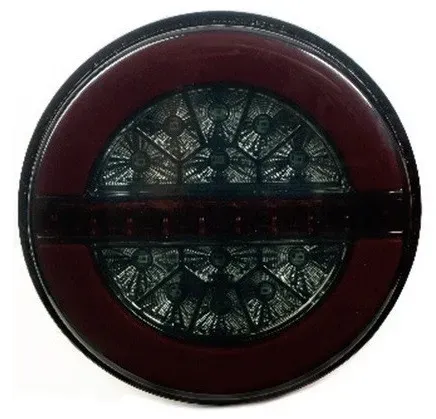 LED-Rücklicht (Hamburger-Typ) mit dynamischem Laufblinker und schwarzem Glas, Ø 13 cm, 12–24 V, 3 Funktionen