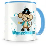 Samunshi® Kindertasse mit Namen Tasse Piraten Affe Personalisierte Tasse mit Namen Kinder Kinderbecher mit Namen Kindergarten blau 300ml