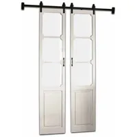 Loberon Doppelschiebetür Tibout – Stabile Eisenschiene, Bezaubernedes Antik-Finish, Antikweiß, Fenster mit Glaseinsätzen – Tannen- & Kiefernholz, antikweiß