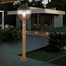 GLOBO Gartenleuchte mit Bewegungsmelder Außenleuchte Stehlampe Standleuchte Terrassenlampe, Holzoptik Alu Glas braun,1x E27, Dxh 25x100 cm