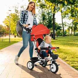Homcom Dreirad 6 in 1 mit Schubstange für 1-5 Jahre Kinder bis 25kg, Kinderdreirad mit Vorwärts und Rückwärtsfahrt, Korb Getränkehalter, Faltbar Abnehmbar Sonnendach, Rot