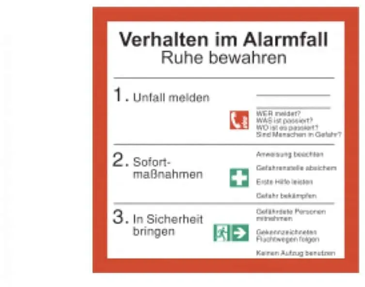 Verhalten im Alarmfall mit Symbolen nach ISO 7010