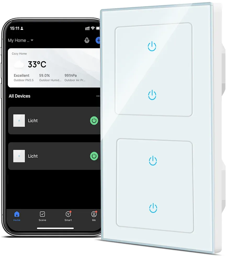CURRYSMARTER 2Fach 1Weg WLAN Smart Lichtschalter 10A-2Fach