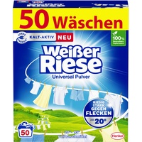 Weißer Riese Universal Pulver (50 Waschladungen), Vollwaschmittel riesig stark gegen Flecken, Kalt-Aktiv schon ab 20° C, ergiebiges Waschpulver, ideal für Familien mit Kindern