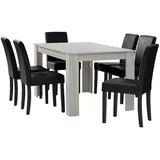 [en.casa] Esstisch Eiche weiß mit 6 Stühlen schwarz Kunstleder gepolstert 140x90 Essgruppe Esszimmer