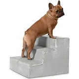 VELORA H&L Hundetreppe 3 Stufen Silber - Stabile Holzkonstruktion mit Veloursbezug, rutschfeste Hundetreppe für Sofa und Bett, Haustiertreppe für Hunde und Katzen, Belastbar bis 80 kg