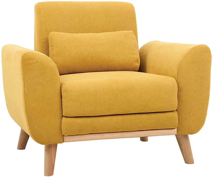 Fauteuil scandinave en tissu effet velours jaune moutarde et bois clair  EKTOR