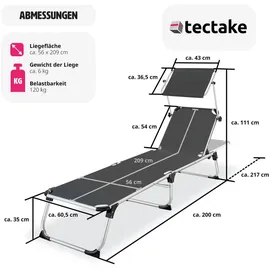 Tectake Aurelie Sonnenliege 198 x 60,5 x 111 cm grau inkl. Sonnendach klappbar