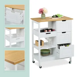 Relaxdays Küchenwagen, Arbeitsplatte, 3 Schubladen, 3 Fächer, HBT: 85x68,5x38,5 cm, Kücheninsel auf Rollen, weiß/natur