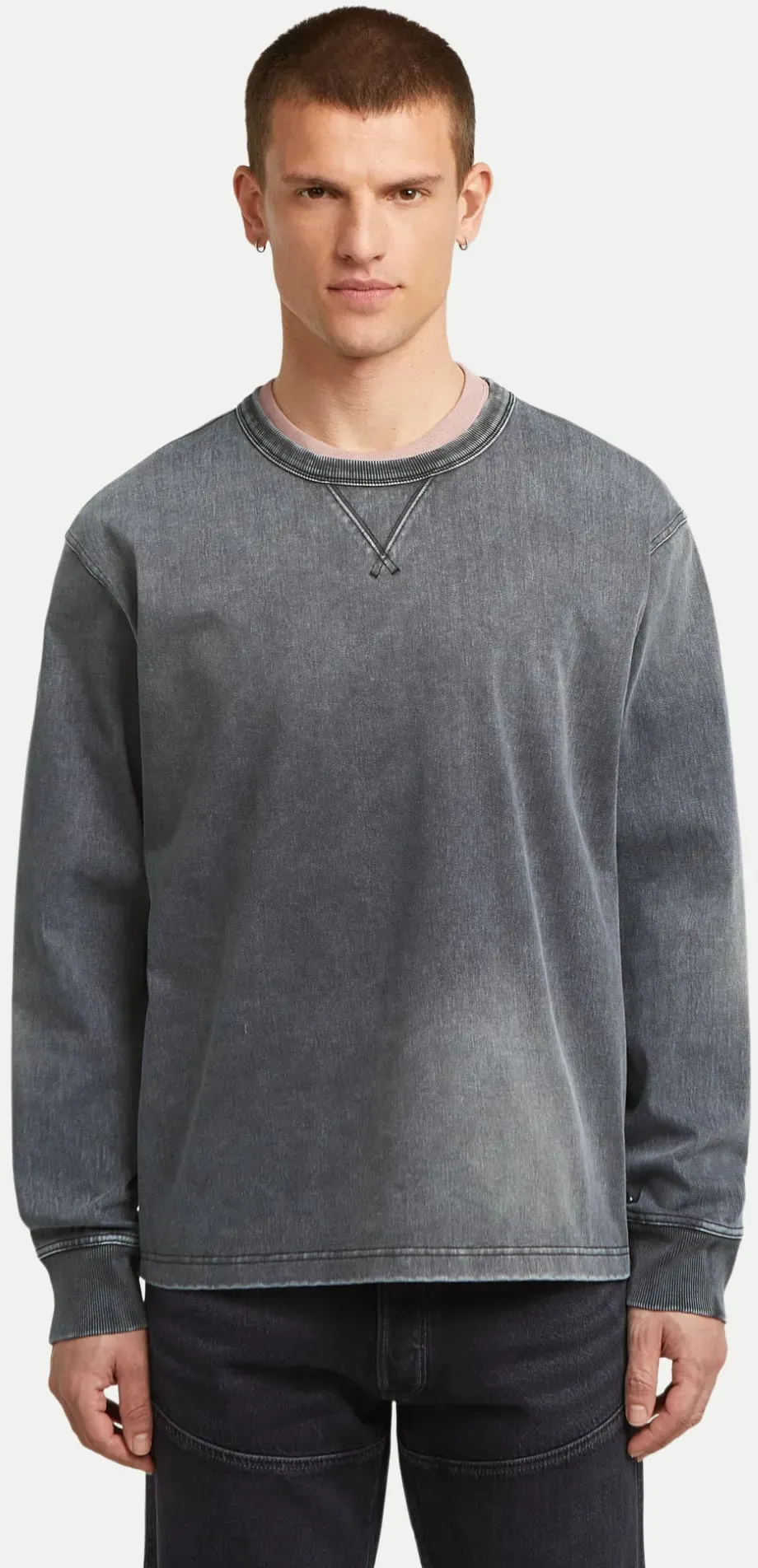 Pullover mit Washedmuster H650-dk black gd snow bleach M