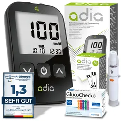 adia Blutzuckermessgerät-Set (mg/dl) + 60 Blutzuckerteststreifen + 110 Lanzetten, 1 Stechhilfe, 1 Etui