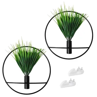 Les-Theresa 2 Stück Kunstpflanzen Wanddeko, Metallreifen Deko Hängende Blumentöpfe mit Kunstpflanzen Wanddeko Flur Kunstpflanzen für Moderne Wand Dekoration, Wand Montierte Kunstpflanzen, Schwarz