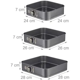 Relaxdays Springform quadratisch 3er Set, antihaftbeschichtet, eckige Kuchenform, Carbonstahl, 24, 26 & 28 cm, anthrazit