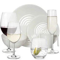 Moritz Melamin Geschirr Set 4 Personen Crema 16 Teilig + 16 Tiamo Gläser Wassergläser Weingläser Champagner-Gläser Flûtes Tafelgeschirr Picknick BBQ Kochgesc