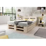 Lermowood Palettenbett M2 aus Holz 200 x 200 cm Natur mit Kopfteil und 2 Bettkästen Holzbett 40cm Stabiles Seniorenbett Kinderbett Jugendbett Gästebett erhöhtes Bettgestell Futon Komforthöhe Naturholz