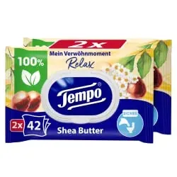 Tempo Sheabutter Feuchte Toilettentücher 836227 , 1 Doppel-Packung = 2 x 42 Tücher, mit Verschluss