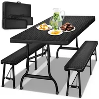 tillvex Bierzeltgarnitur klappbar 3-teilig Set Rattan Gartengarnitur wetterfest 180 cm, (Gartenmöbel Set Indoor & Outdoor mit Gartentisch und Bänken, Festzeltgarnitur) schwarz