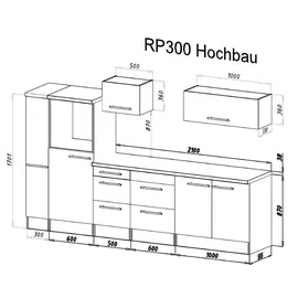 Respekta Küchenzeile Premium 300 cm Grau Hochglanz-Eiche
