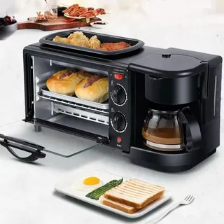 Minibacköfen, 3 in 1 Backofen, 12L Minibackofen, 60 Min Timer, Ofen, , Pizzaofen, 800W, (100-230 °C), Frühstücksmaschine, Kaffeekanne 350 ml - Schwarz