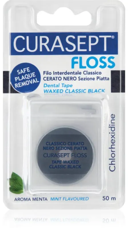 Curasept Dental Tape Waxed Classic Black gewachstes Zahreinigungsband mit antibakteriellem Zusatz Mint 50 m