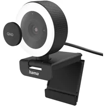 Hama Webcam mit Licht, Fernbedienung, Zoom, mobil (QHD 2K PC-Kamera mit Dual Mikrofon, Streaming-Cam, Ringlicht-Webcam Abdeckung, Autofokus, 360° drehen 89° neigen, 1/4-Zoll-Gewinde f. Stativ) schwarz