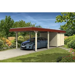 Skan Holz Walmdach Carport Breite 362cm rote Blende mit Abstellraum Holzcarport