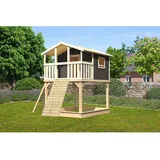 Karibu Spielhaus Benjamin mit Holzrampe Terragrau