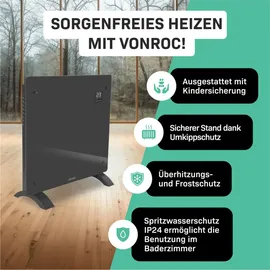 VONROC Elektroheizung, Konvektor-Heizung – Energiesparende elektrische Heizung - 12m2 – Manuelle und WLAN-Steuerung – Einstellbarer Thermostat und Timer – Grau