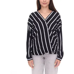 AjC Damen gestreifte Wickelbluse leichte Sommer-Bluse Freizeit-Bluse mit Knopfleiste 29937205 Schwarz/Weiß - 32