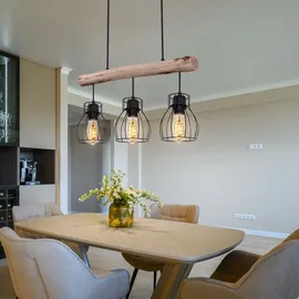 ETC Shop Retro Pendel Decken Leuchte FILAMENT Käfig Design Holz Balken Hänge Lampe im Set inkl. LED Leuchtmittel