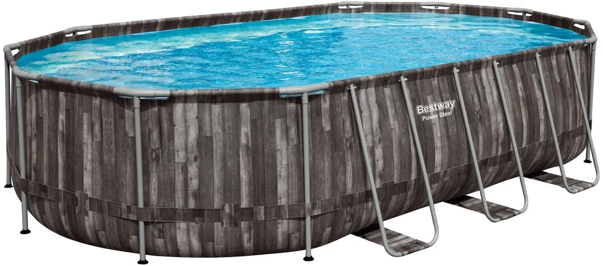 Power SteelTM Frame Pool Komplett-Set mit Filterpumpe, Holz-Optik (Mooreiche), oval 610 x 366 x 122 c