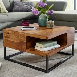 Kadima Design Sofatisch, Sheeshamholz, Staufach, Industrial-Design. 60x60x35 cm