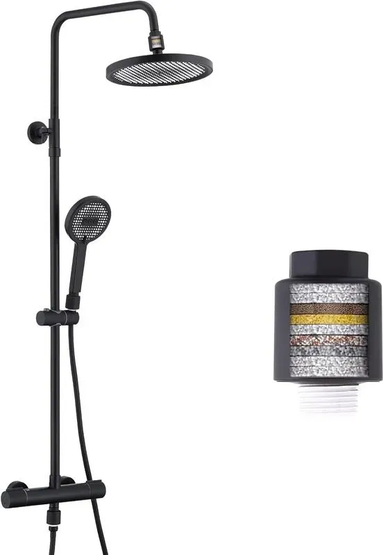 HOMELODY Duschsystem mit Thermostat, Schwarz, Duscharmaturen-Komplettset mit Filter, 25 cm Regenduschekopf und Handbrause, 3 Strahlarten