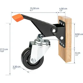 HMF 6750 Schwerlastrollen absenkbar für Werkbank | 4 Stück | 76 mm bis 400 kg | Polyurethan, Schwarz