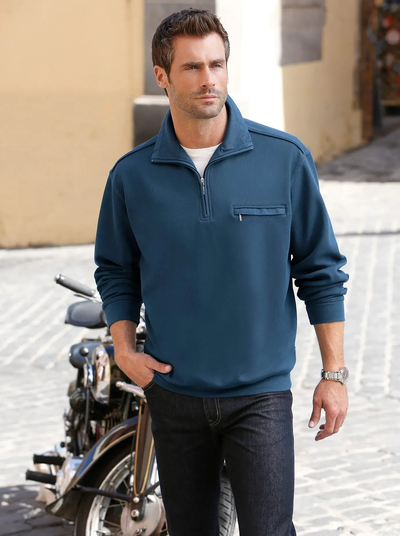 Sweatshirt HAJO, Herren, Gr. 48/50, blau (jeansblau), 62% Baumwolle, 38% Polyester, unifarben, Sweatshirts Sweatshirt