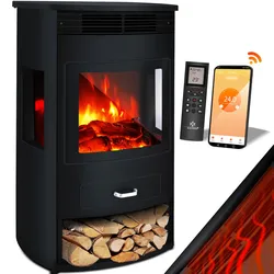 KESSER® Prio Elektrokamin mit Heizung Heizlüfter Fernbedienung WiFi App 950/1900 W Kamin elektrisch LED-Flammeneffekt Kaminfeuer Elektro Kamin mit Thermostat  Panorama-Sichtfenster Heizfunktion Timer