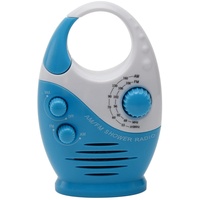 Jiakalamo Duschradio, spritzwassergeschützt, Typ AM FM Badezimmerradio, eingebauter Lautsprecher und einstellbare Lautstärke, tragbar, wasserdicht, hängend, mit Griff oben (weiß und blau)