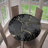 Morbuy Rund Tischdecke Elastisch, Marmor Rund Tischdecken Wasserdicht Lotuseffekt Abwaschbar Abwischbar Tischtuch für Dekoration Küchentisch Garten Outdoor (Durchmesser 120cm,Schwarze Blätter)