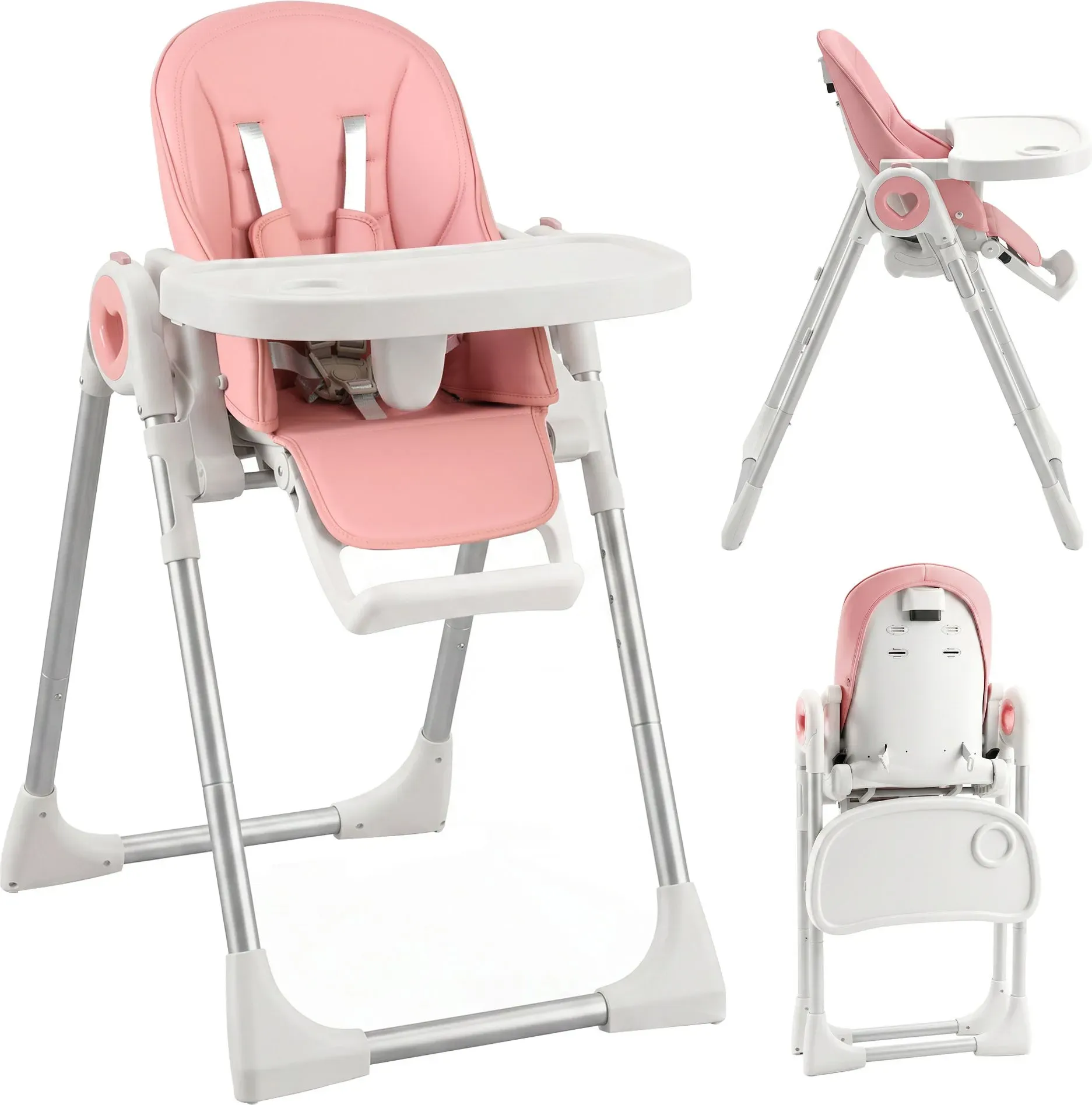 AIYAPLAY Mitwachsender Hochstuhl für Kinder 6-36 Monate/15 kg, Klappbarer, verstellbarer Hochstuhl, Höhen- und Fußstützenverstellbar, Doppel-Tablett abnehmbar & spülmaschinengeeignet, Räder, 5-Punkt-Gurt, Rosa   Aosom