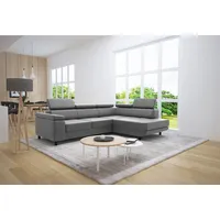 thematys Ecksofa LUNA L mit Schlaffunktion & Bettkasten – aus Velours oder Cord Stoff, mit 5 verstellbaren Kopfstützen, – L-Form 250×183 cm – Schlafsofa mit Auszug grau