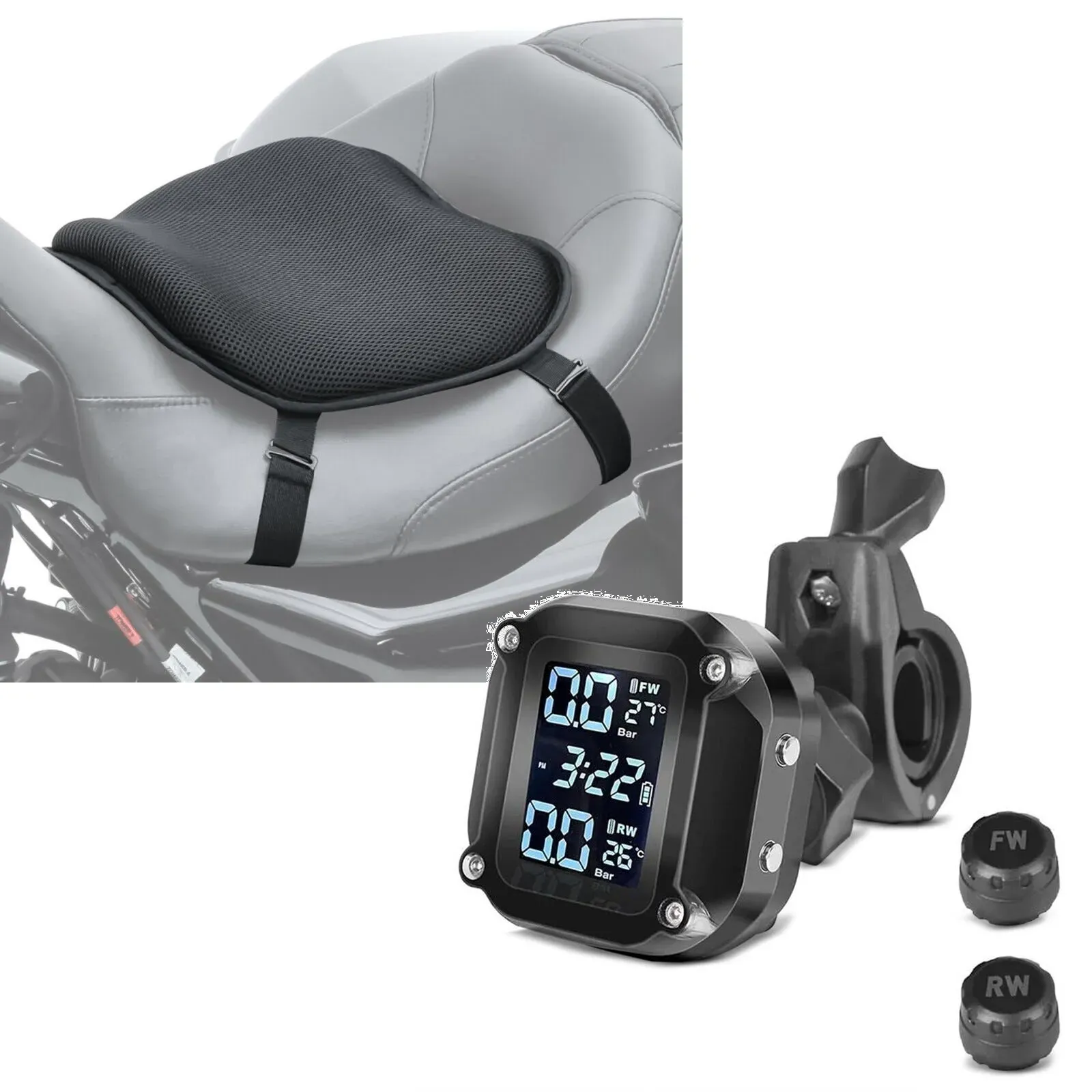 Set: Motorrad Gel Sitzkissen Tourtecs L Komfortkissen universal in schwarz + Reifendruckkontrollsystem RDKS mit Temperaturmesser Tourtecs Reifendruckprüfer digital