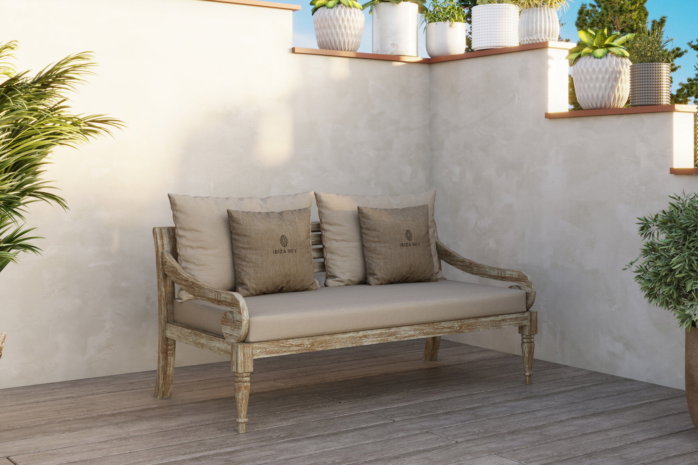 IBIZA 90's Sumble 2-Sitzer Sofa, greywashed/beige, FSC-Teak/Olefin, 166 x 80 x 77 cm